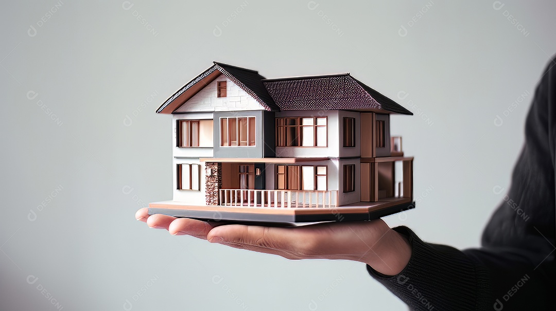 Pessoa segurando um modelo de uma casa, imóveis gerados.