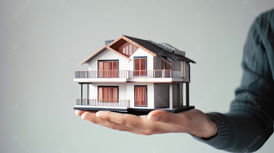 Pessoa segurando um modelo de uma casa, imóveis gerados.