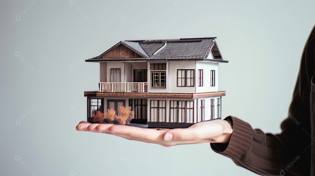 Pessoa segurando um modelo de uma casa, imóveis gerados.