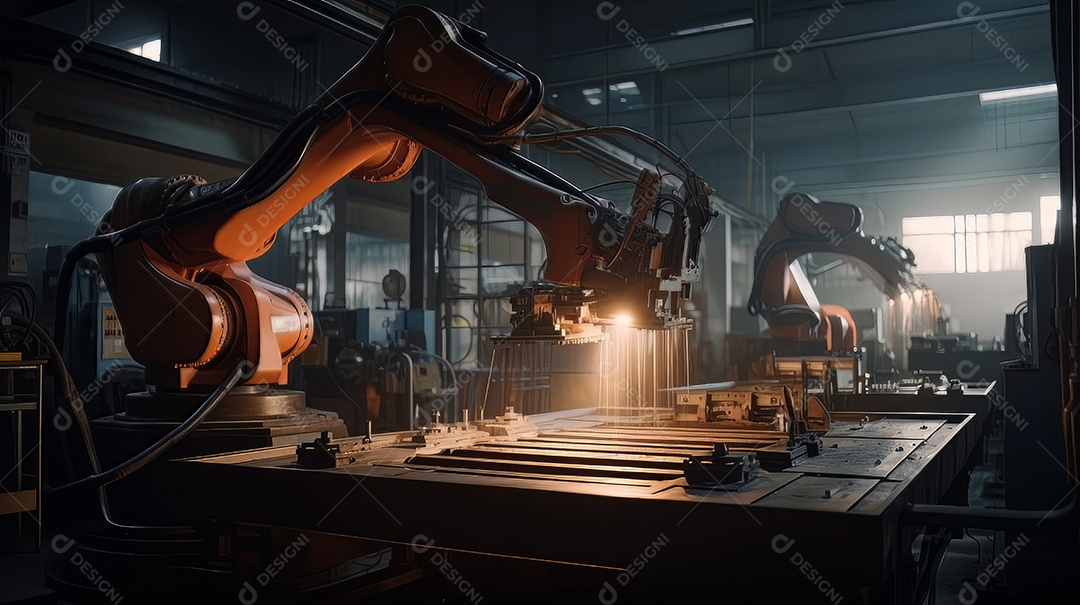 Braços robóticos trabalhando na fábrica futurista robôs de soldagem industrial.