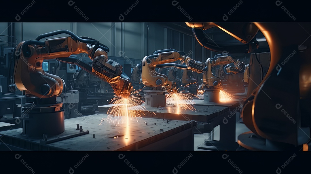 Braços robóticos trabalhando na fábrica futurista robôs de soldagem industrial.