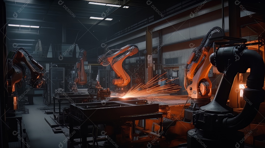 Braços robóticos trabalhando na fábrica futurista robôs de soldagem industrial.