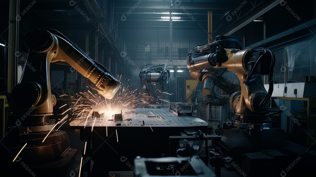 Braços robóticos trabalhando na fábrica futurista robôs de soldagem industrial.