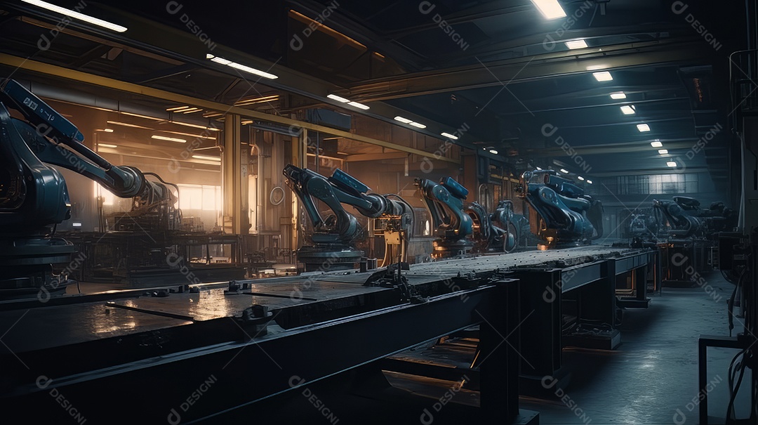 Braços robóticos trabalhando na fábrica futurista robôs de soldagem industrial.