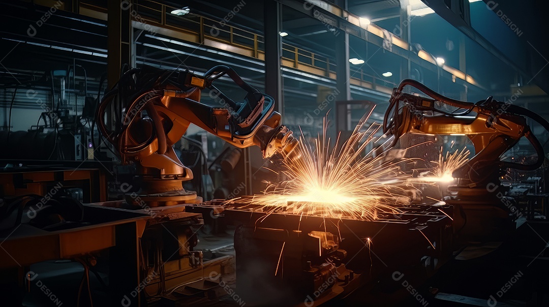 Braços robóticos trabalhando na fábrica futurista robôs de soldagem industrial.