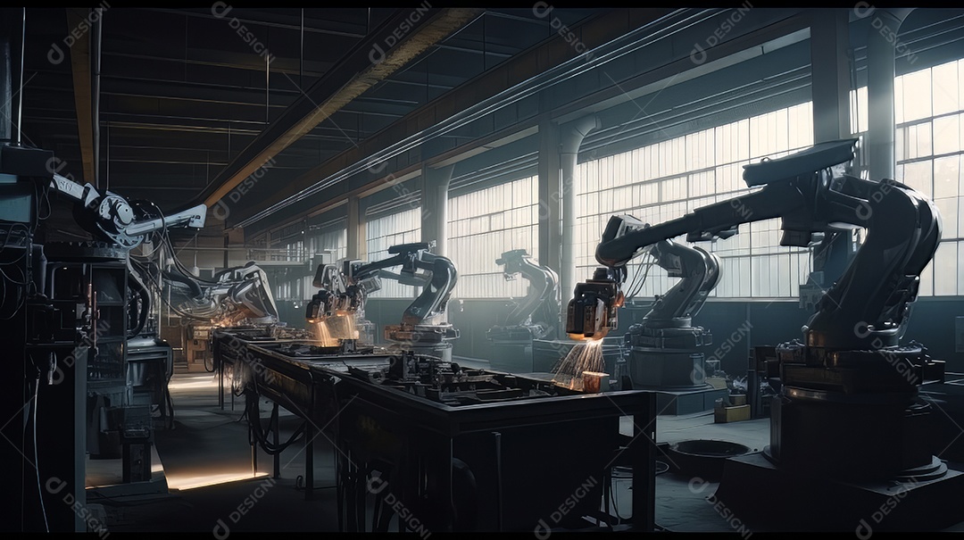 Braços robóticos trabalhando na fábrica futurista robôs de soldagem industrial.