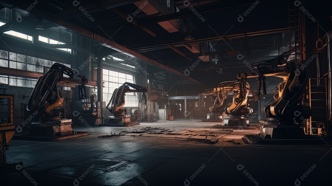 Braços robóticos trabalhando na fábrica futurista robôs de soldagem industrial.