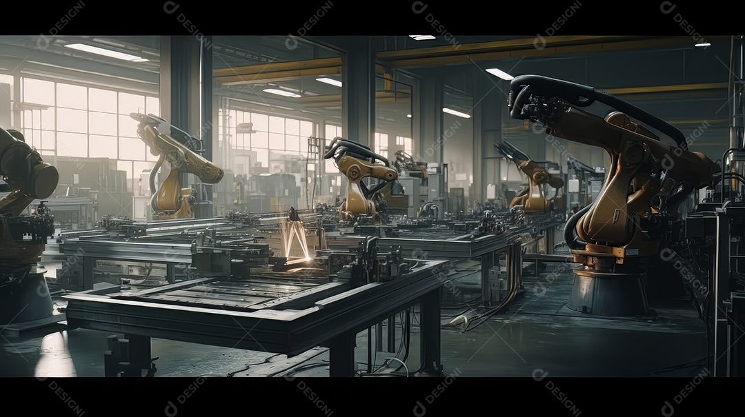 Braços robóticos trabalhando na fábrica futurista robôs de soldagem industrial.