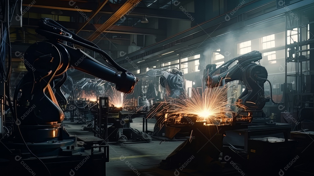 Braços robóticos trabalhando na fábrica futurista robôs de soldagem industrial.