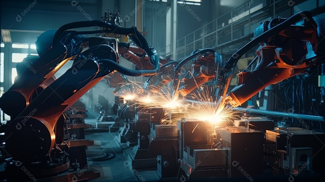 Braços robóticos trabalhando na fábrica futurista robôs de soldagem industrial.