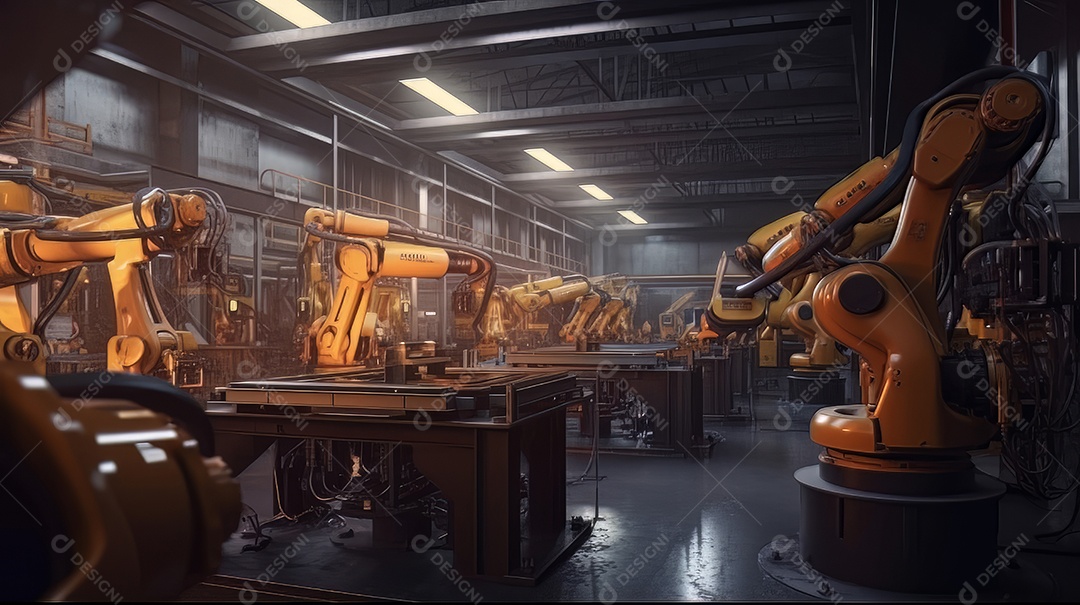 Braços robóticos trabalhando na fábrica futurista robôs de soldagem industrial.