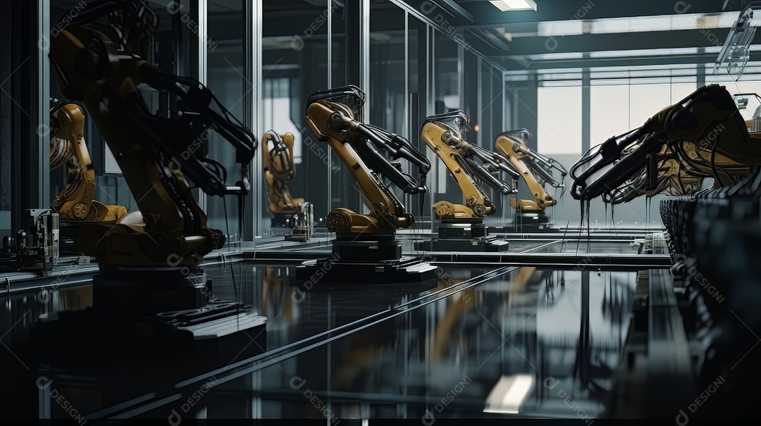 Braços robóticos trabalhando na fábrica futurista robôs de soldagem industrial.