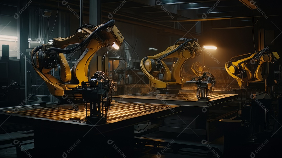 Braços robóticos trabalhando na fábrica futurista robôs de soldagem industrial.