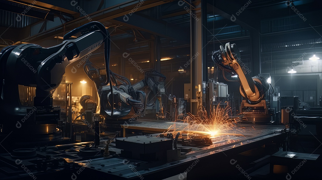 Braços robóticos trabalhando na fábrica futurista robôs de soldagem industrial.