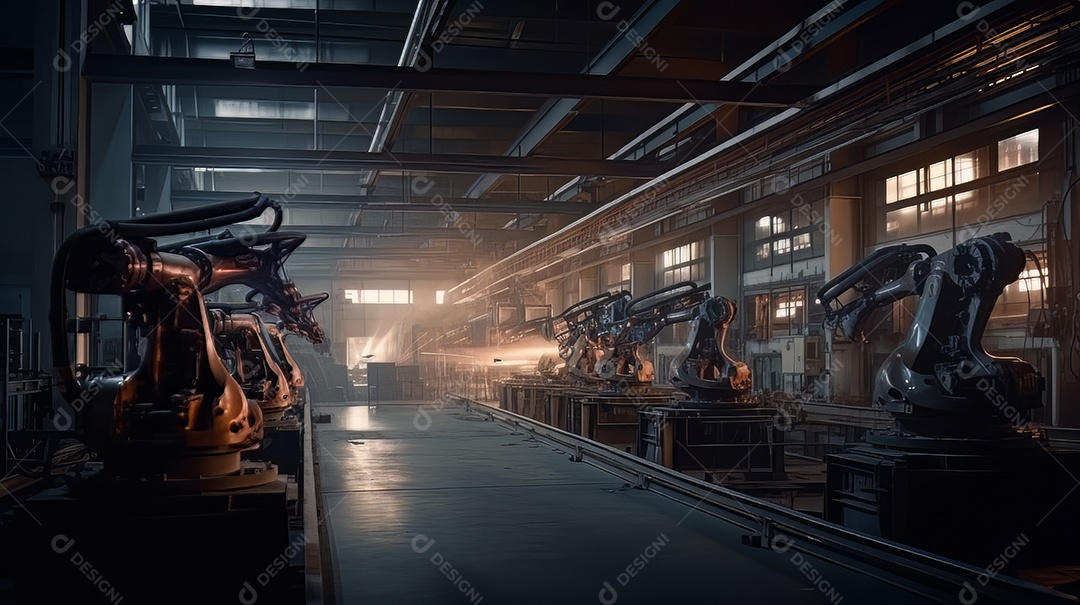 Braços robóticos trabalhando na fábrica futurista robôs de soldagem industrial.