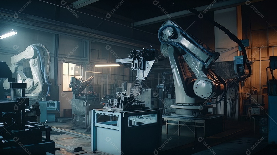 Braços robóticos trabalhando na fábrica futurista robôs de soldagem industrial.