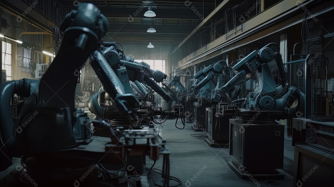 Braços robóticos trabalhando na fábrica futurista robôs de soldagem industrial.