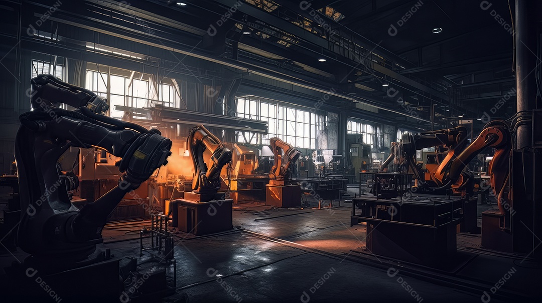 Braços robóticos trabalhando na fábrica futurista robôs de soldagem industrial.