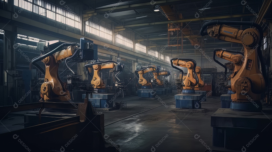 Braços robóticos trabalhando na fábrica futurista robôs de soldagem industrial.