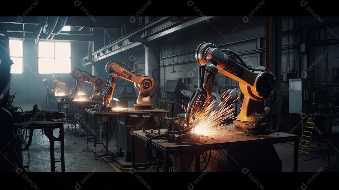 Braços robóticos trabalhando na fábrica futurista robôs de soldagem industrial.
