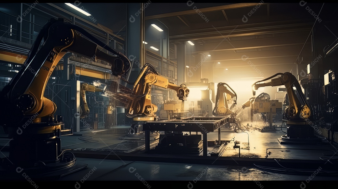 Braços robóticos trabalhando na fábrica futurista robôs de soldagem industrial.
