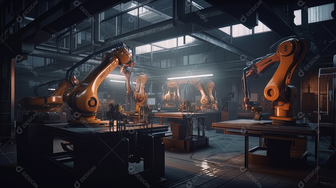 Braços robóticos trabalhando na fábrica futurista robôs de soldagem industrial.