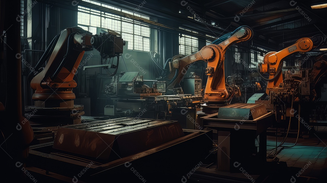 Braços robóticos trabalhando na fábrica futurista robôs de soldagem industrial.