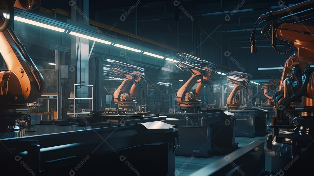 Braços robóticos trabalhando na fábrica futurista robôs de soldagem industrial.