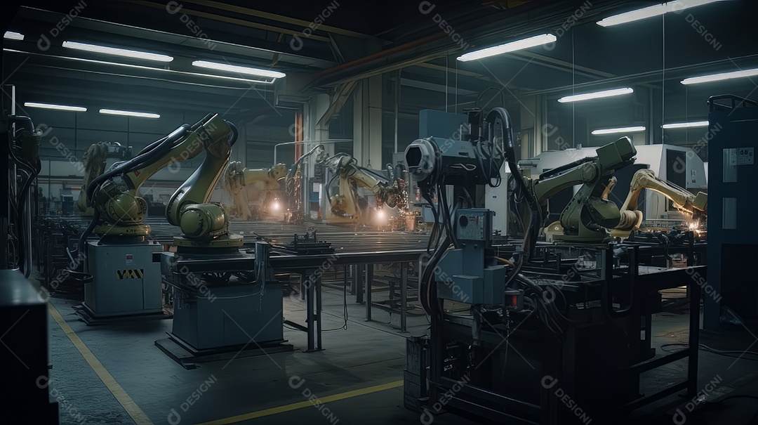 Braços robóticos trabalhando na fábrica futurista robôs de soldagem industrial.