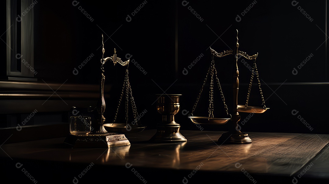 Balanças da Justiça no escuro Court Hall. Conceito de lei de Judiciário, Jurisprudência e Justiça.