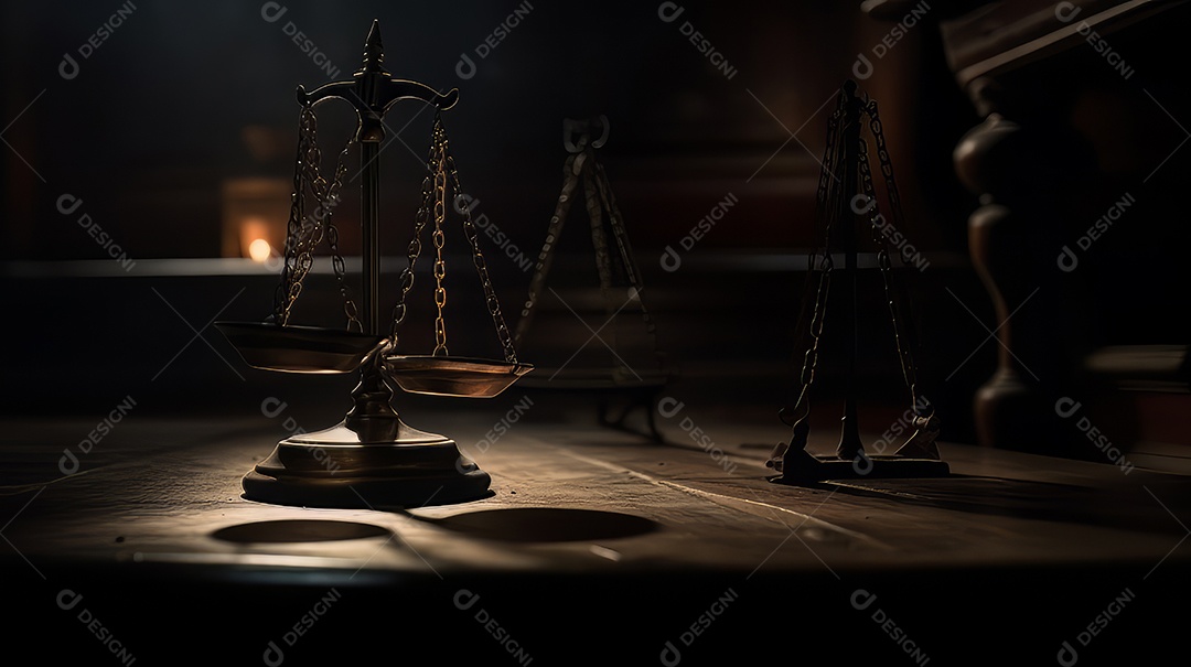 Balanças da Justiça no escuro Court Hall. Conceito de lei de Judiciário, Jurisprudência e Justiça.