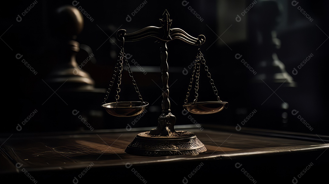 Balanças da Justiça no escuro Court Hall. Conceito de lei de Judiciário, Jurisprudência e Justiça.