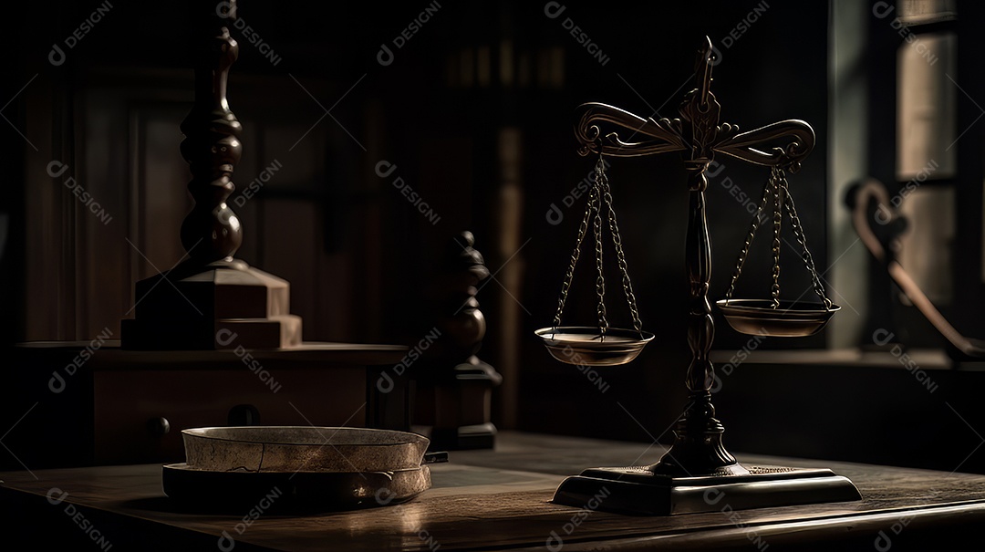 Balanças da Justiça no escuro Court Hall. Conceito de lei de Judiciário, Jurisprudência e Justiça.