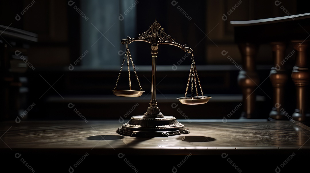 Balanças da Justiça no escuro Court Hall. Conceito de lei de Judiciário, Jurisprudência e Justiça.