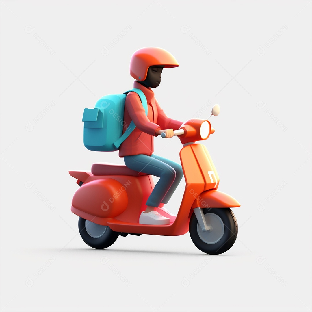 Homem de entrega andando de scooter ciclomotor. Estilo dos desenhos animados do ícone 3D isolado no fundo branco.