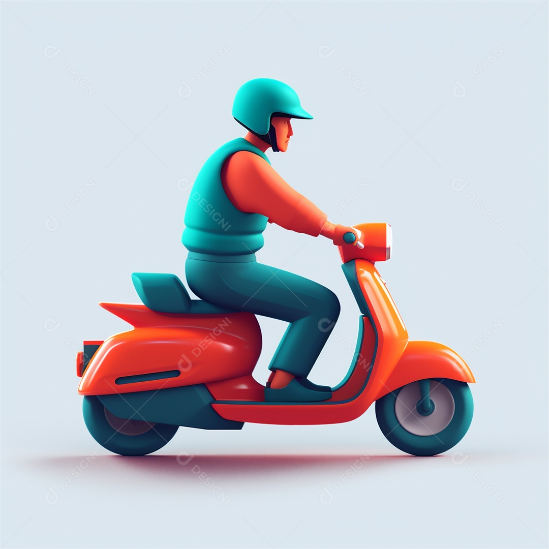 Homem de entrega andando de scooter ciclomotor. Estilo dos desenhos animados do ícone 3D isolado no fundo branco.