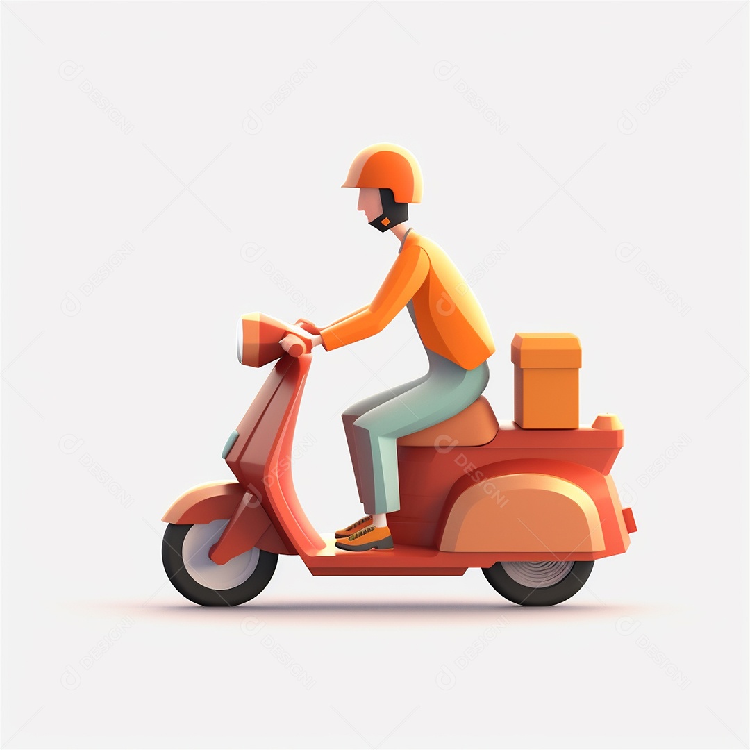 Homem de entrega andando de scooter ciclomotor. Estilo dos desenhos animados do ícone 3D isolado no fundo branco.