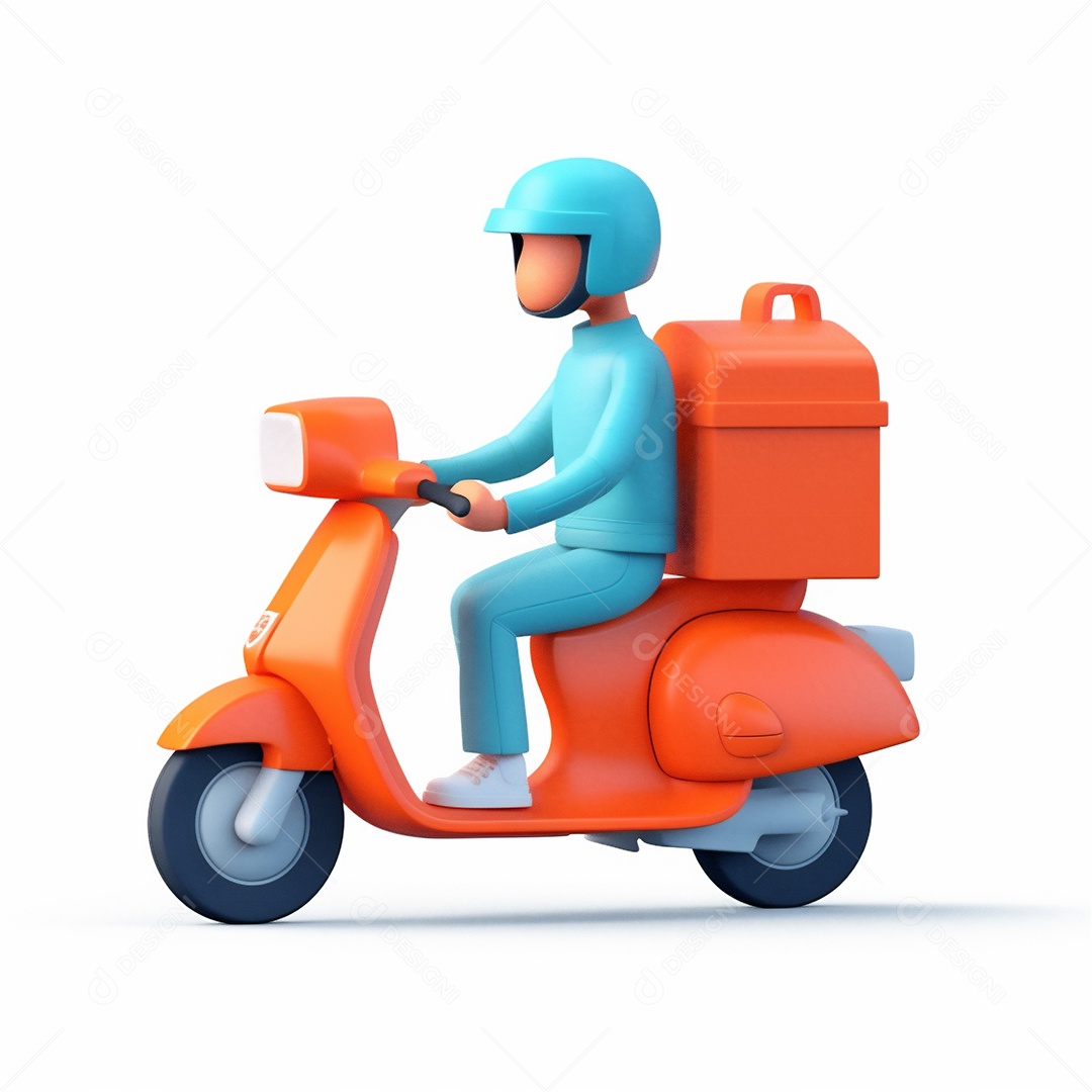 Homem de entrega andando de scooter ciclomotor. Estilo dos desenhos animados do ícone 3D isolado no fundo branco.