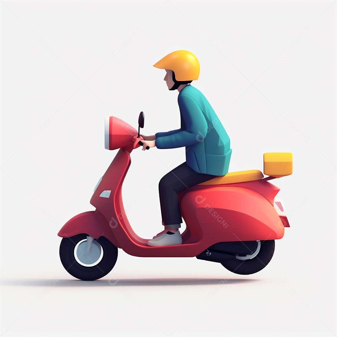 Homem de entrega andando de scooter ciclomotor. Estilo dos desenhos animados do ícone 3D isolado no fundo branco.