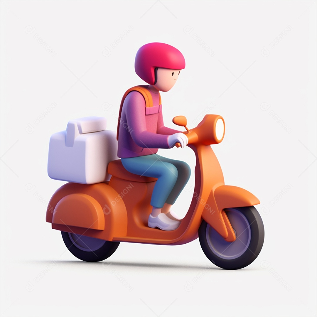 Homem de entrega andando de scooter ciclomotor. Estilo dos desenhos animados do ícone 3D isolado no fundo branco.