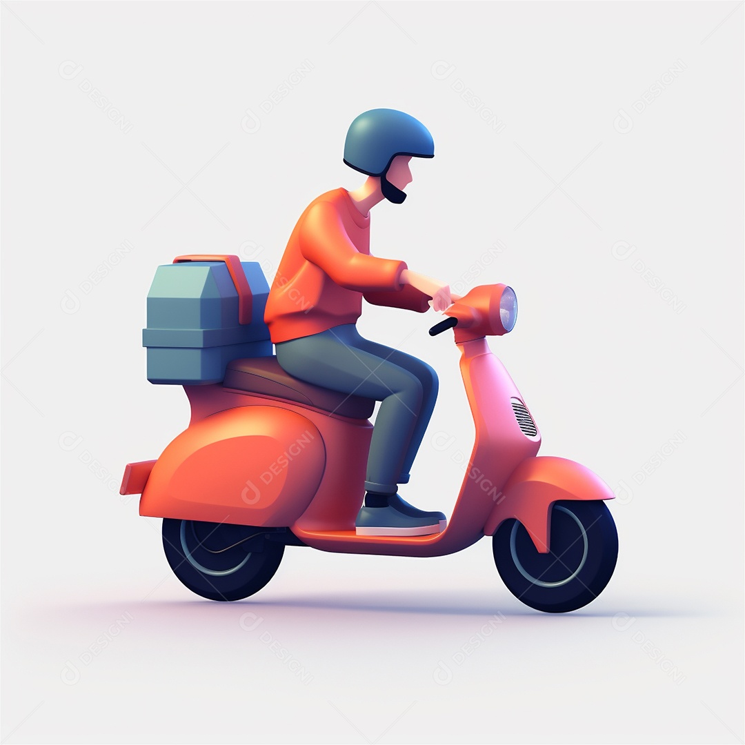 Homem de entrega andando de scooter ciclomotor. Estilo dos desenhos animados do ícone 3D isolado no fundo branco.