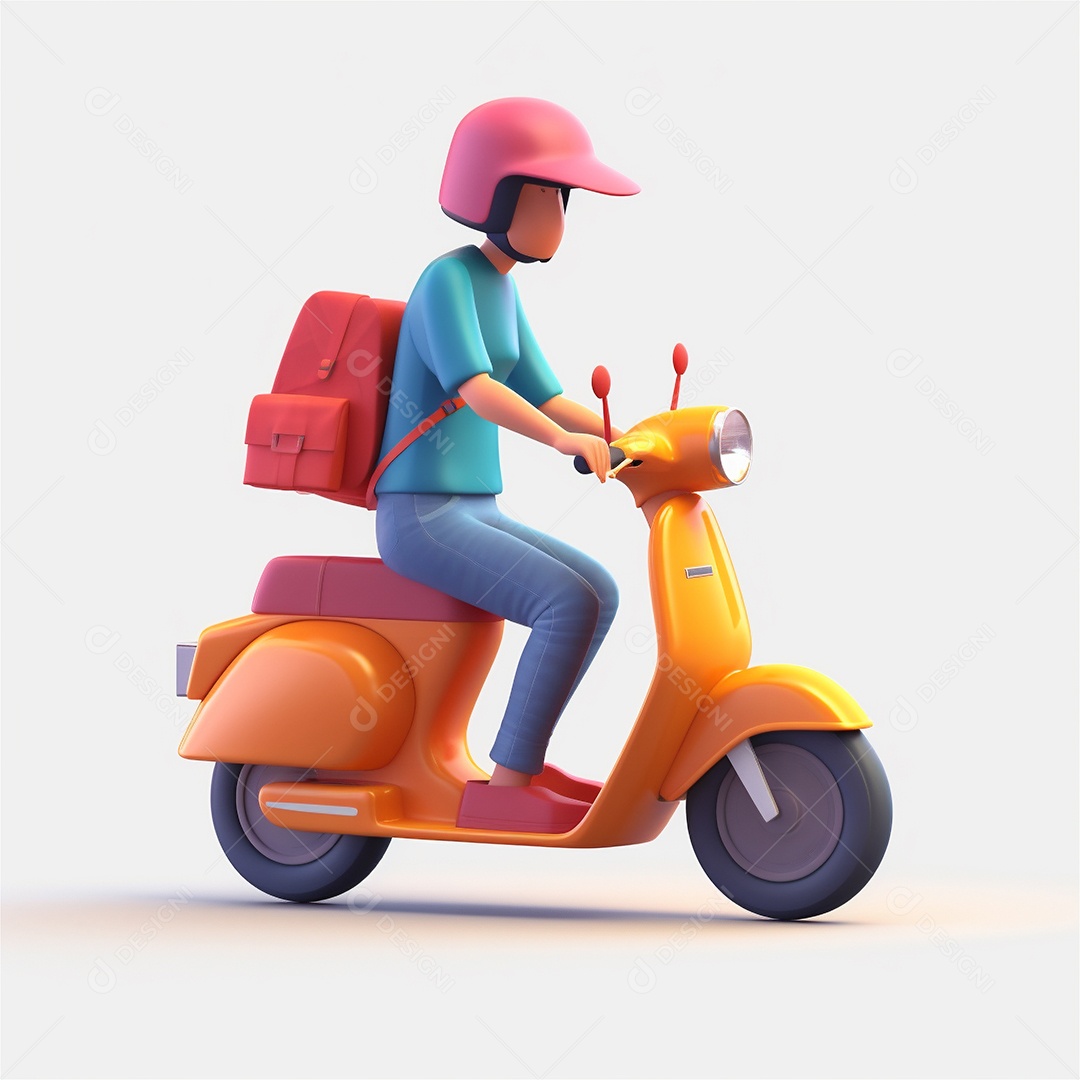 Homem de entrega andando de scooter ciclomotor. Estilo dos desenhos animados do ícone 3D isolado no fundo branco.