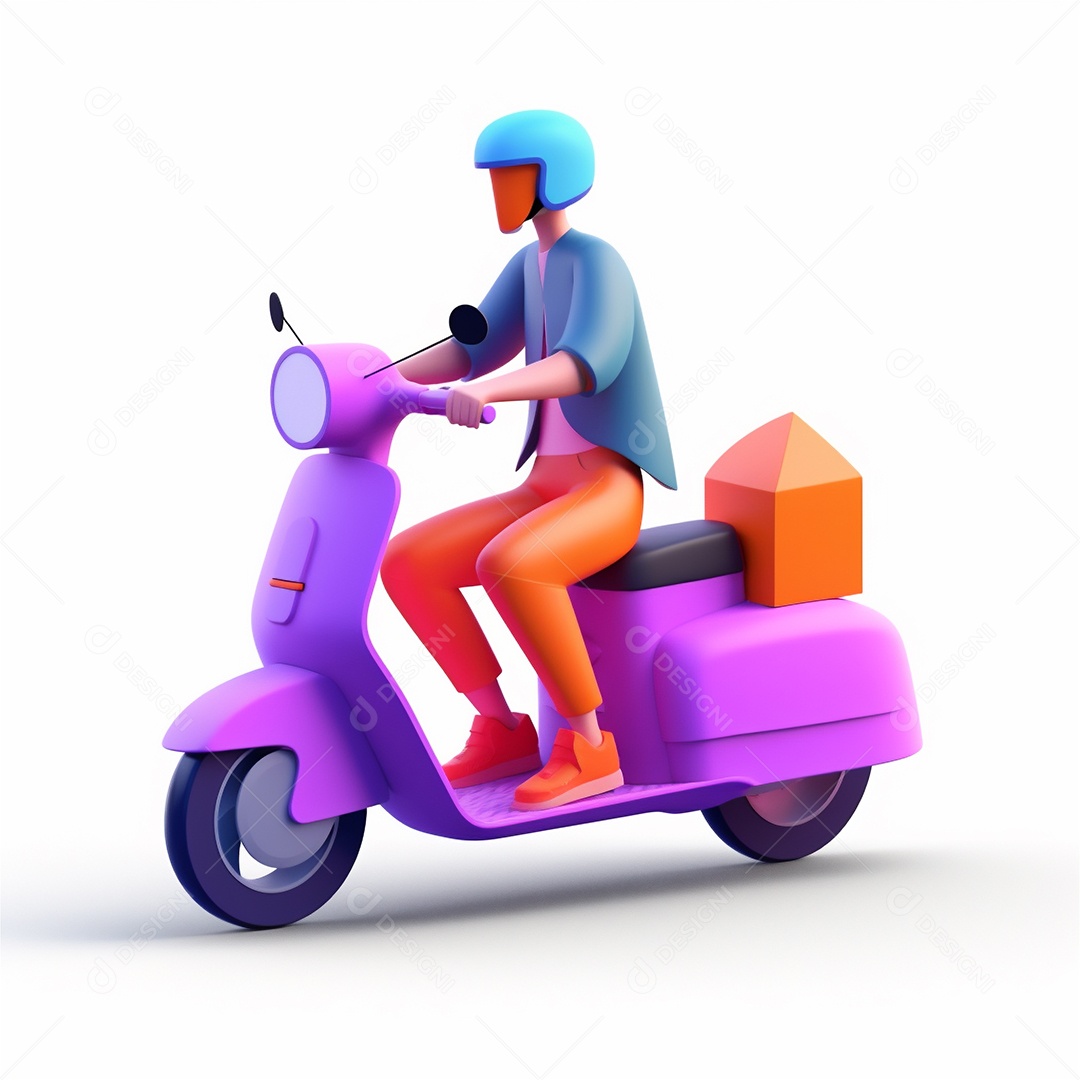 Homem de entrega andando de scooter ciclomotor. Estilo dos desenhos animados do ícone 3D isolado no fundo branco.