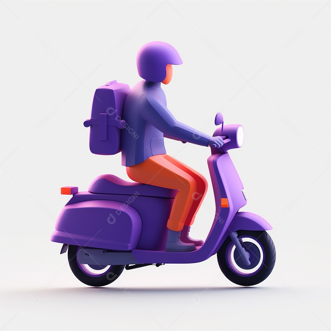 Homem de entrega andando de scooter ciclomotor. Estilo dos desenhos animados do ícone 3D isolado no fundo branco.