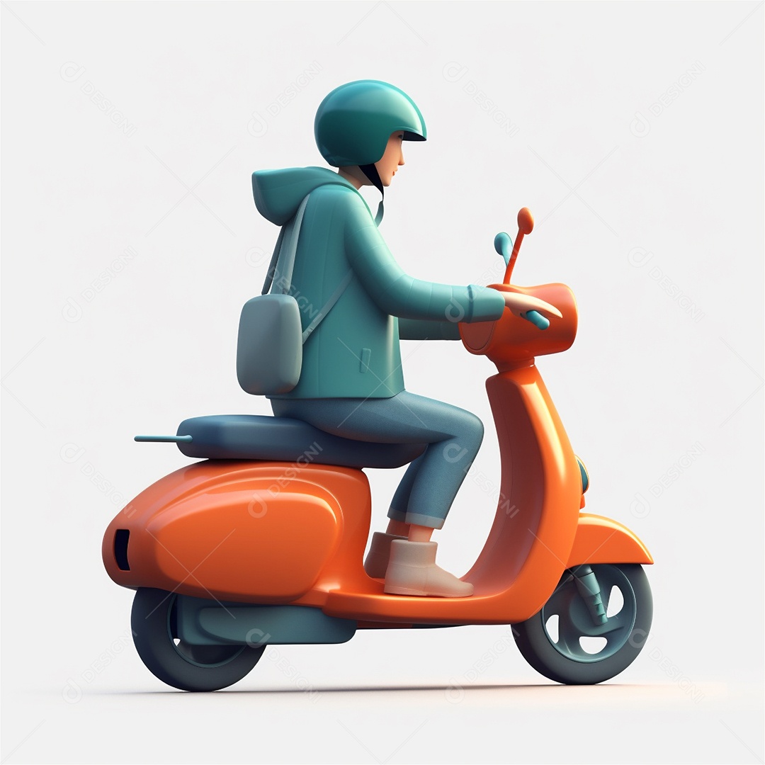 Homem de entrega andando de scooter ciclomotor. Estilo dos desenhos animados do ícone 3D isolado no fundo branco.