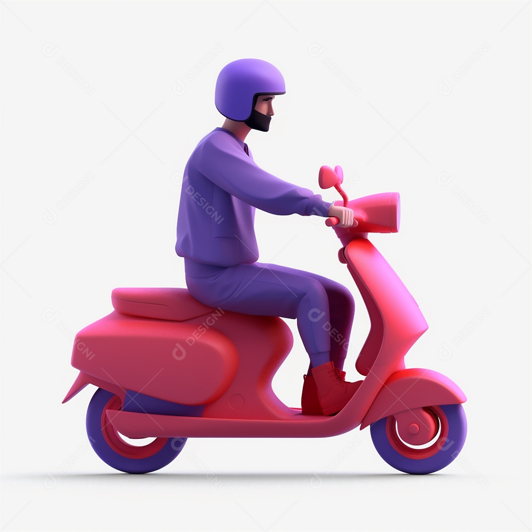 Homem de entrega andando de scooter ciclomotor. Estilo dos desenhos animados do ícone 3D isolado no fundo branco.