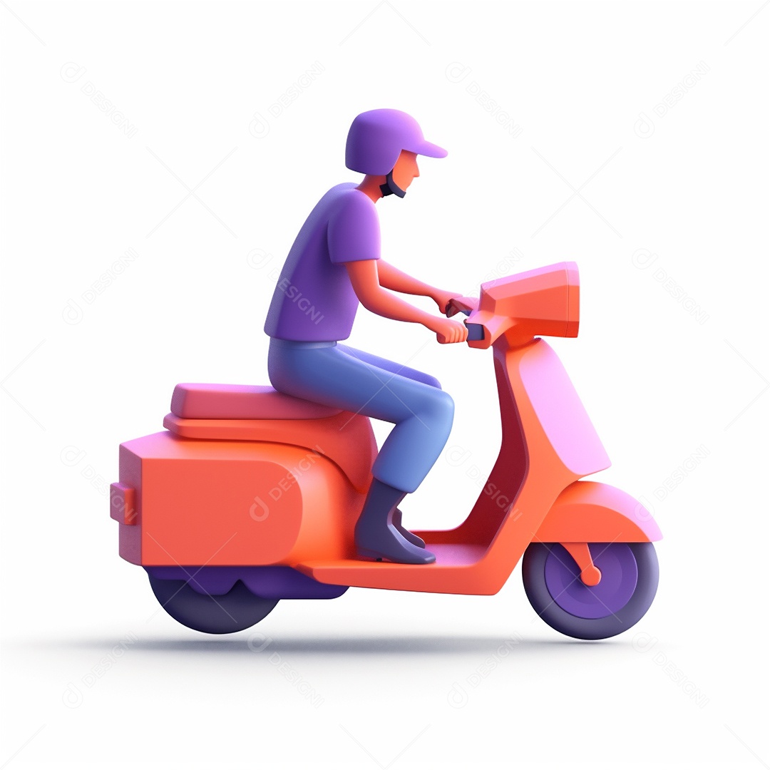 Homem de entrega andando de scooter ciclomotor. Estilo dos desenhos animados do ícone 3D isolado no fundo branco.