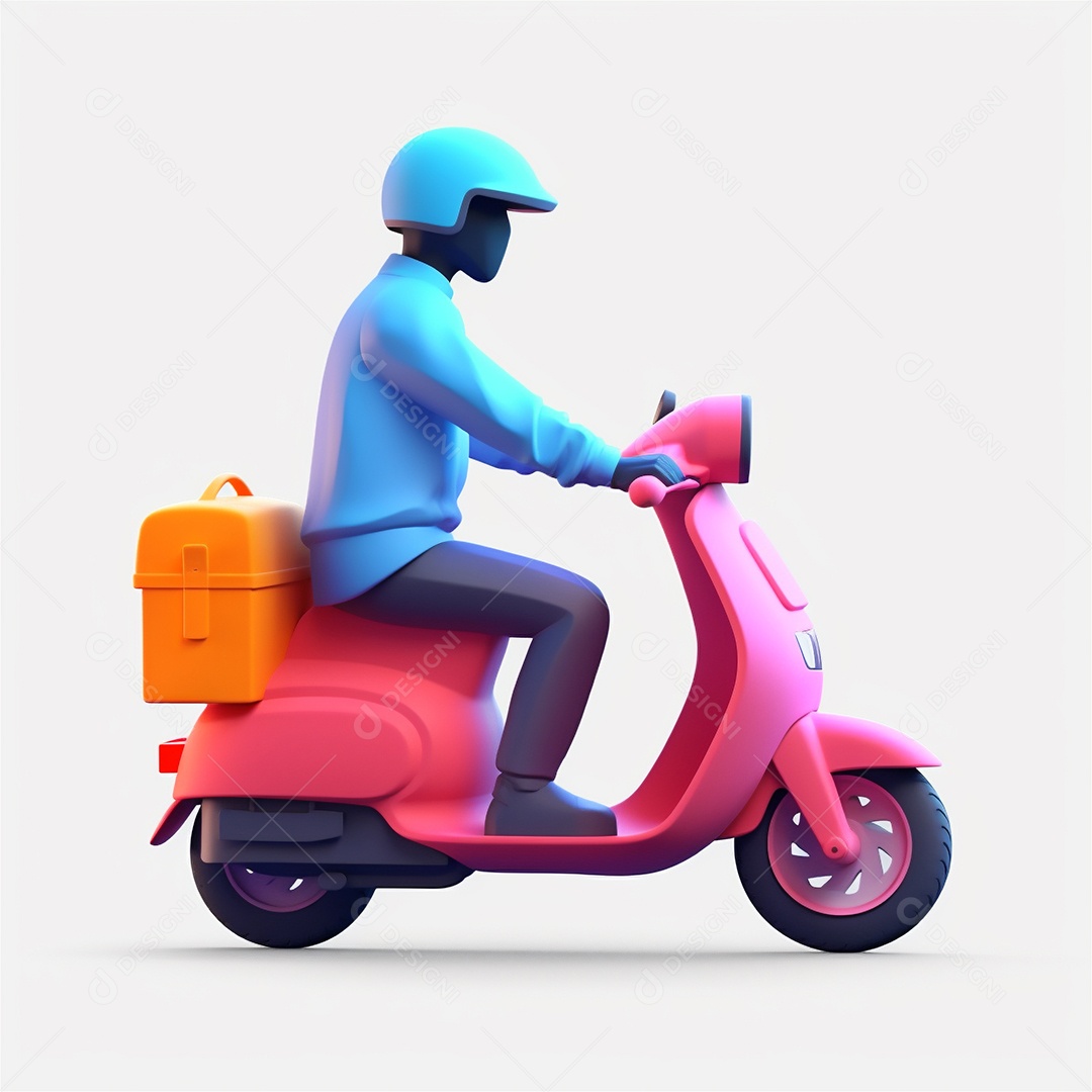 Homem de entrega andando de scooter ciclomotor. Estilo dos desenhos animados do ícone 3D isolado no fundo branco.