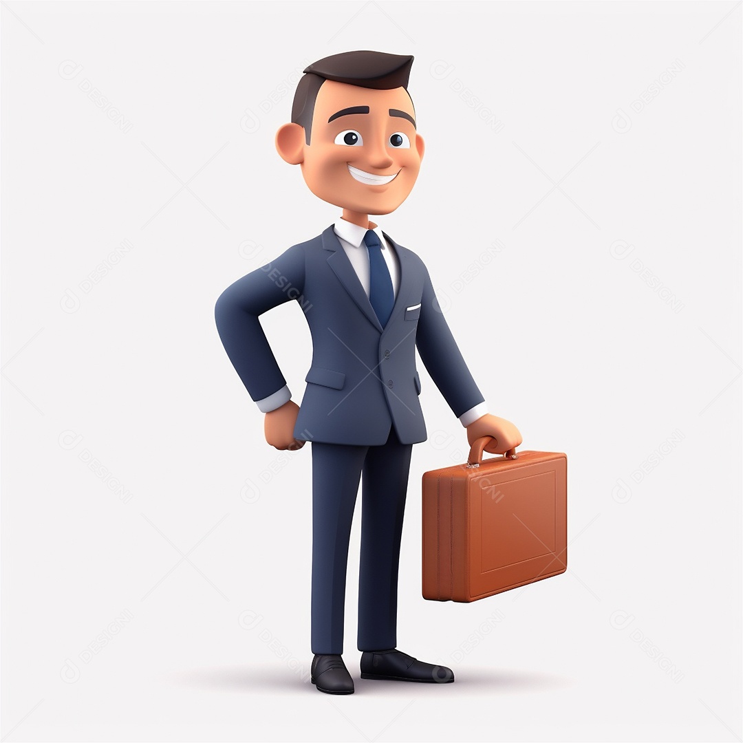 Homem de negócios sorridente segurando maleta isolada no fundo branco. Estilo de desenho animado 3D.