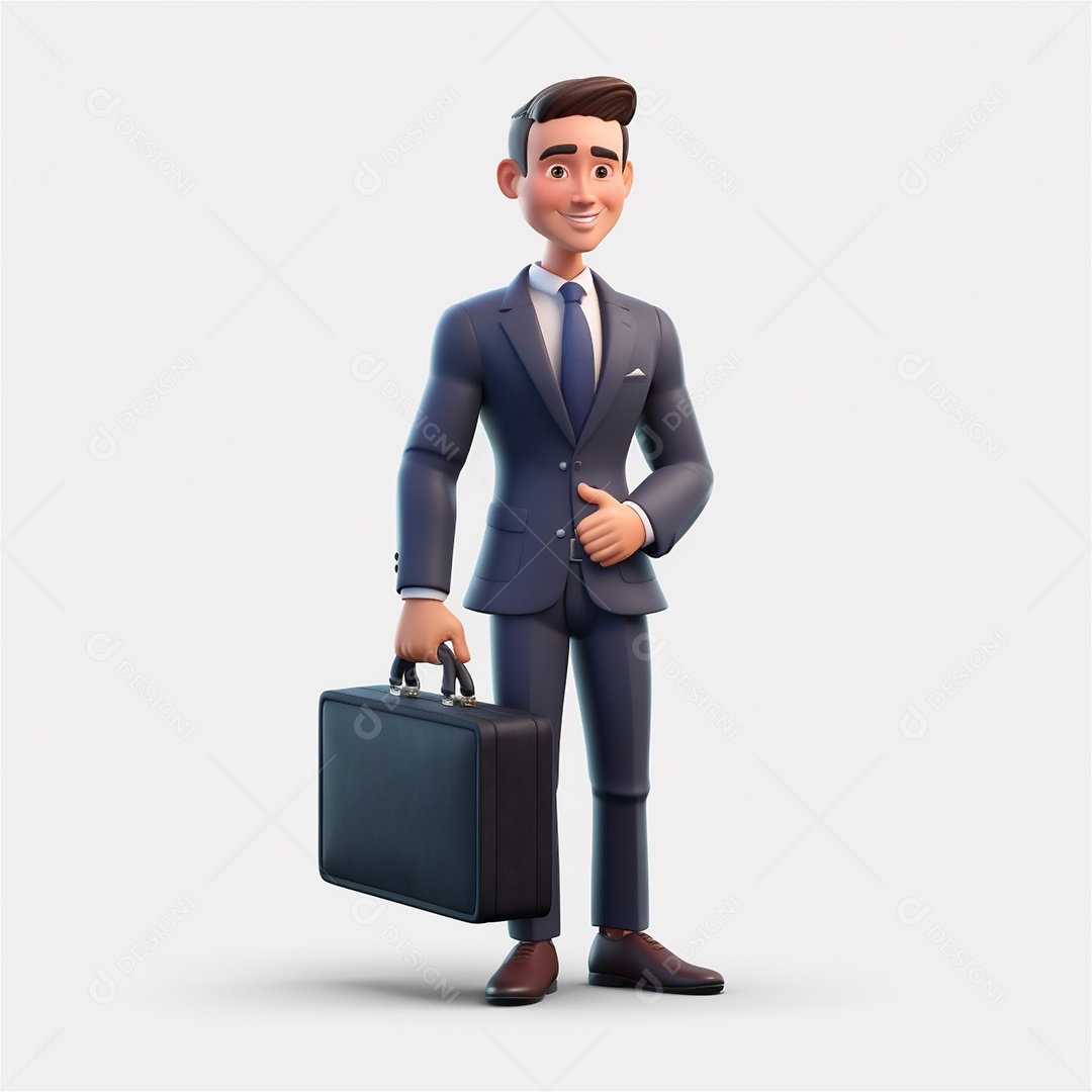 Homem de negócios sorridente segurando maleta isolada no fundo branco. Estilo de desenho animado 3D.